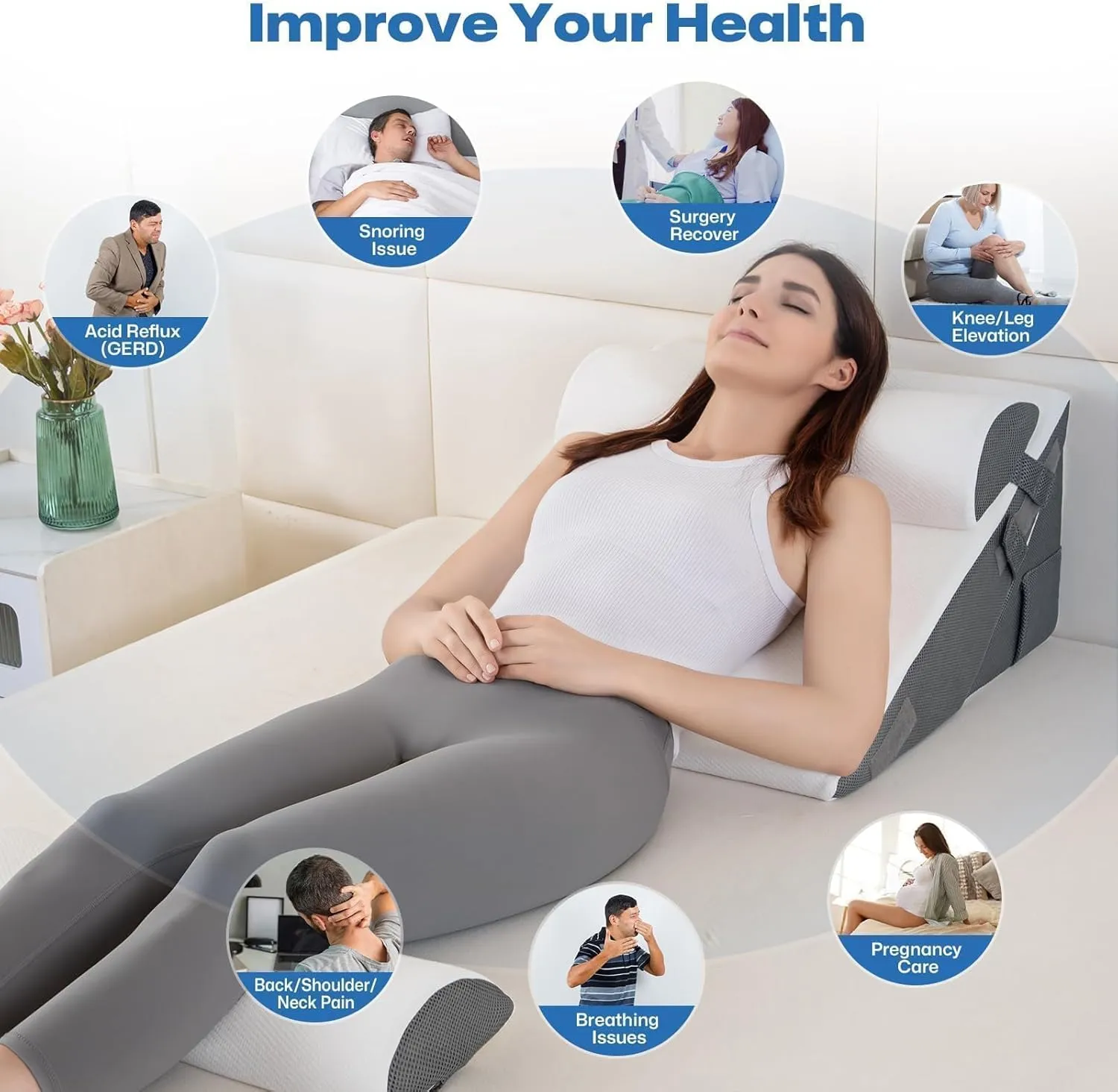 GOHOME Cooling Wedge Pillow Set for After Surgery, 4-Piece Adjustable Memory Foam Bed Wedge Pillow for Sleeping, Acid Reflux, Snoring, Neck Pain and Back Pain, White and Grey