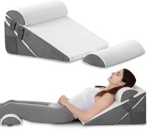 GOHOME Cooling Wedge Pillow Set for After Surgery, 4-Piece Adjustable Memory Foam Bed Wedge Pillow for Sleeping, Acid Reflux, Snoring, Neck Pain and Back Pain, White and Grey