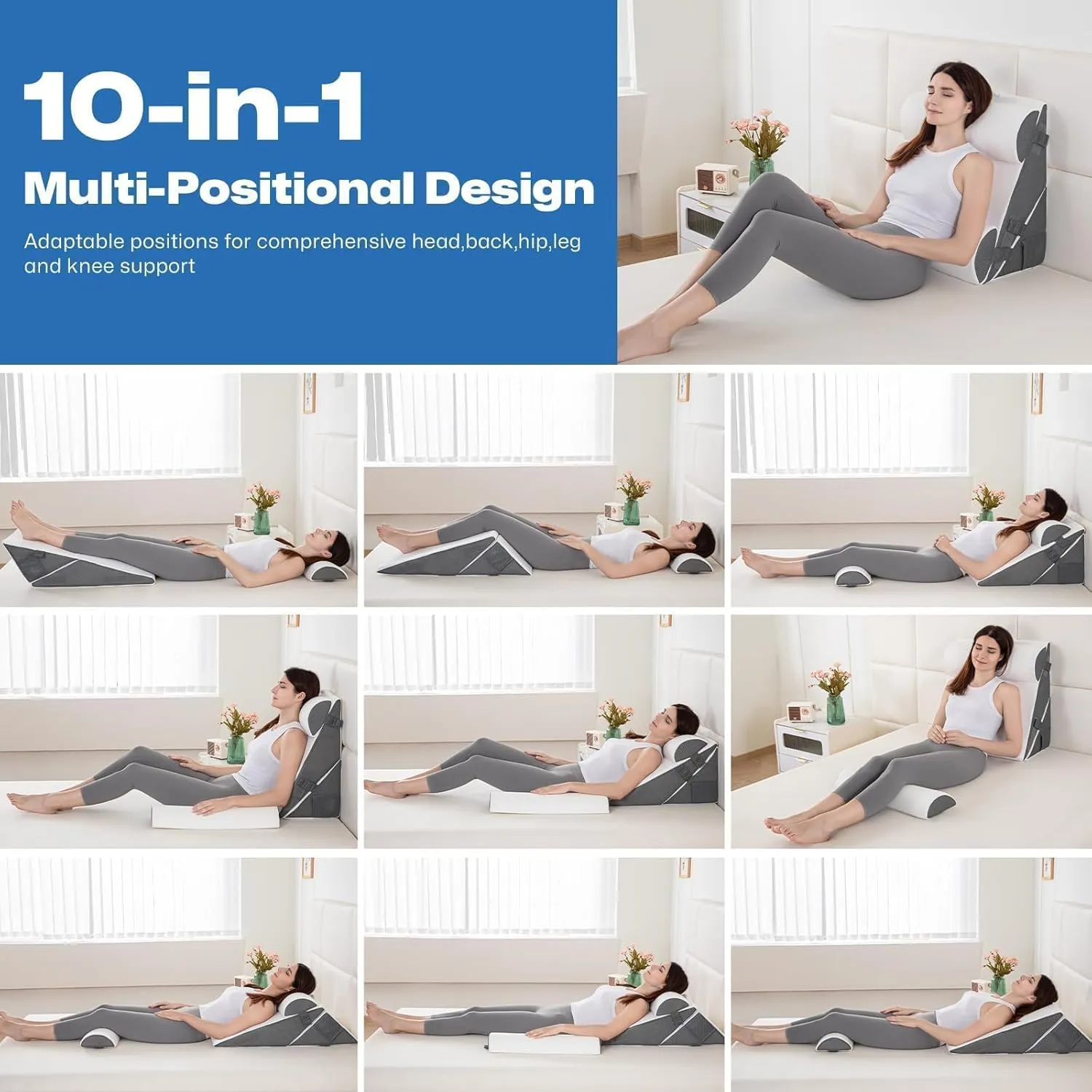 GOHOME Cooling Wedge Pillow Set for After Surgery, 4-Piece Adjustable Memory Foam Bed Wedge Pillow for Sleeping, Acid Reflux, Snoring, Neck Pain and Back Pain, White and Grey
