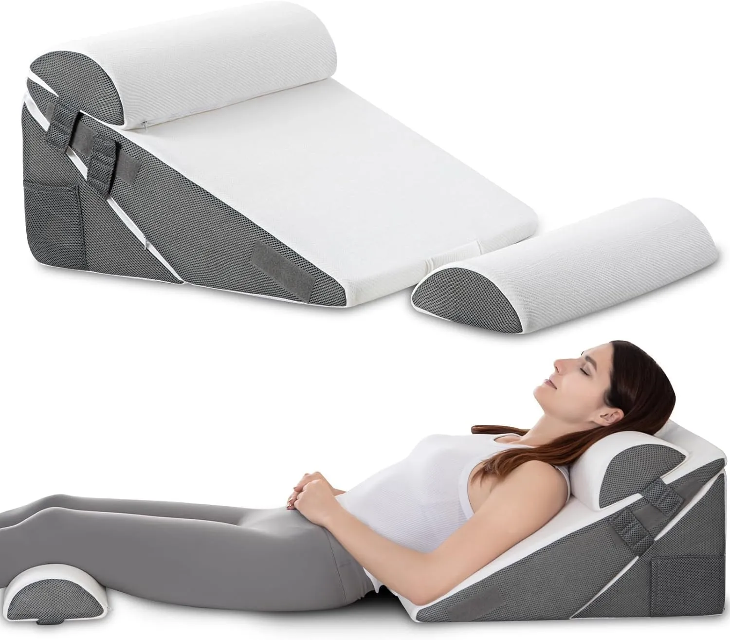 GOHOME Cooling Wedge Pillow Set for After Surgery, 4-Piece Adjustable Memory Foam Bed Wedge Pillow for Sleeping, Acid Reflux, Snoring, Neck Pain and Back Pain, White and Grey