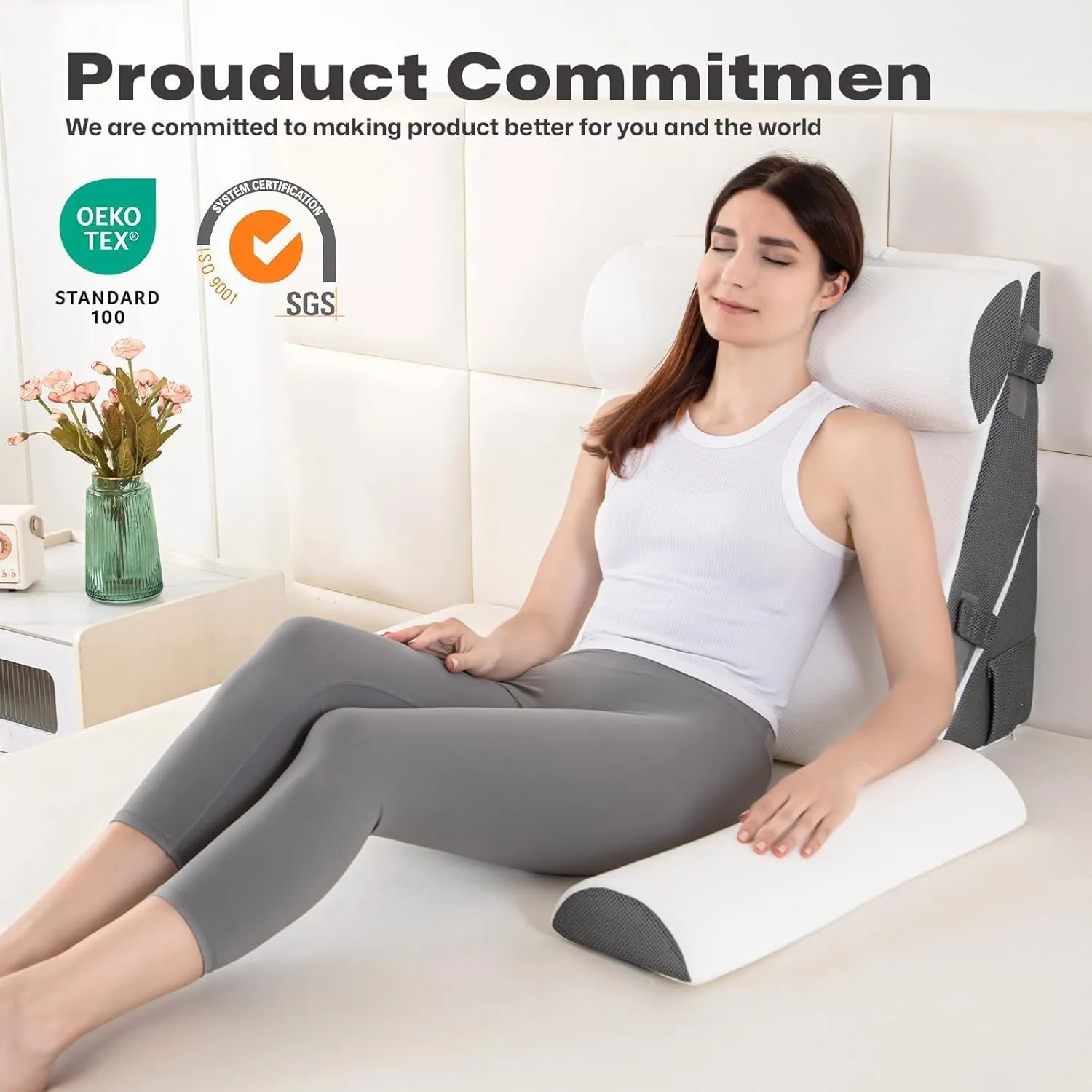 GOHOME Cooling Wedge Pillow Set for After Surgery, 4-Piece Adjustable Memory Foam Bed Wedge Pillow for Sleeping, Acid Reflux, Snoring, Neck Pain and Back Pain, White and Grey