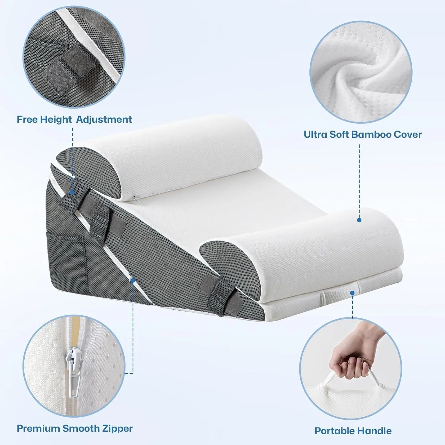 GOHOME Cooling Wedge Pillow Set for After Surgery, 4-Piece Adjustable Memory Foam Bed Wedge Pillow for Sleeping, Acid Reflux, Snoring, Neck Pain and Back Pain, White and Grey