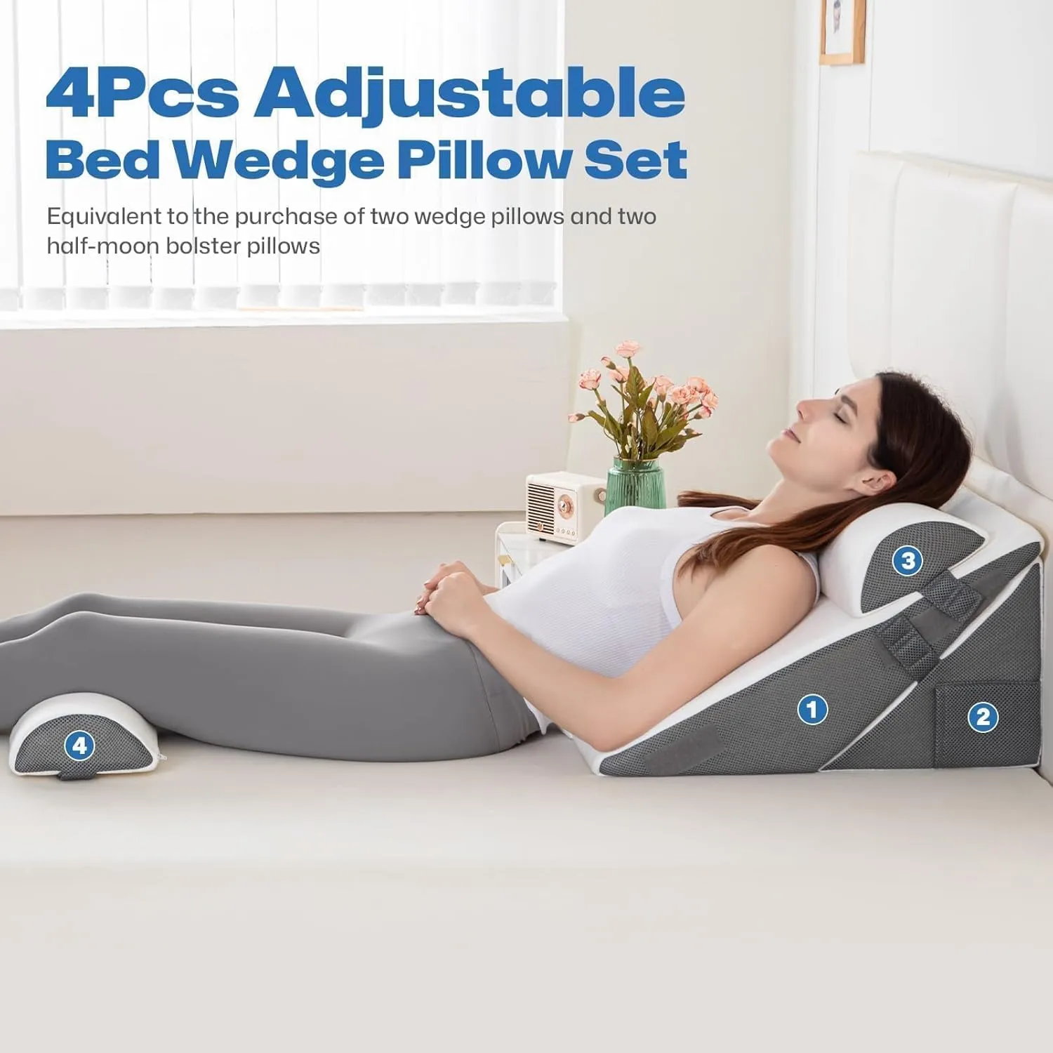 GOHOME Cooling Wedge Pillow Set for After Surgery, 4-Piece Adjustable Memory Foam Bed Wedge Pillow for Sleeping, Acid Reflux, Snoring, Neck Pain and Back Pain, White and Grey
