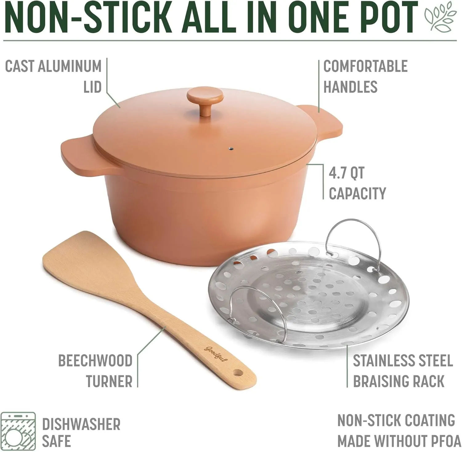 Goodful All-In-One Pot, Multilayer Nonstick, High Performance Cast Dutch Oven With Matching Lid, Roasting Rack And Turner, Made Without PFOA, Dishwasher Safe Cookware, 4.7-Quart, Terracotta