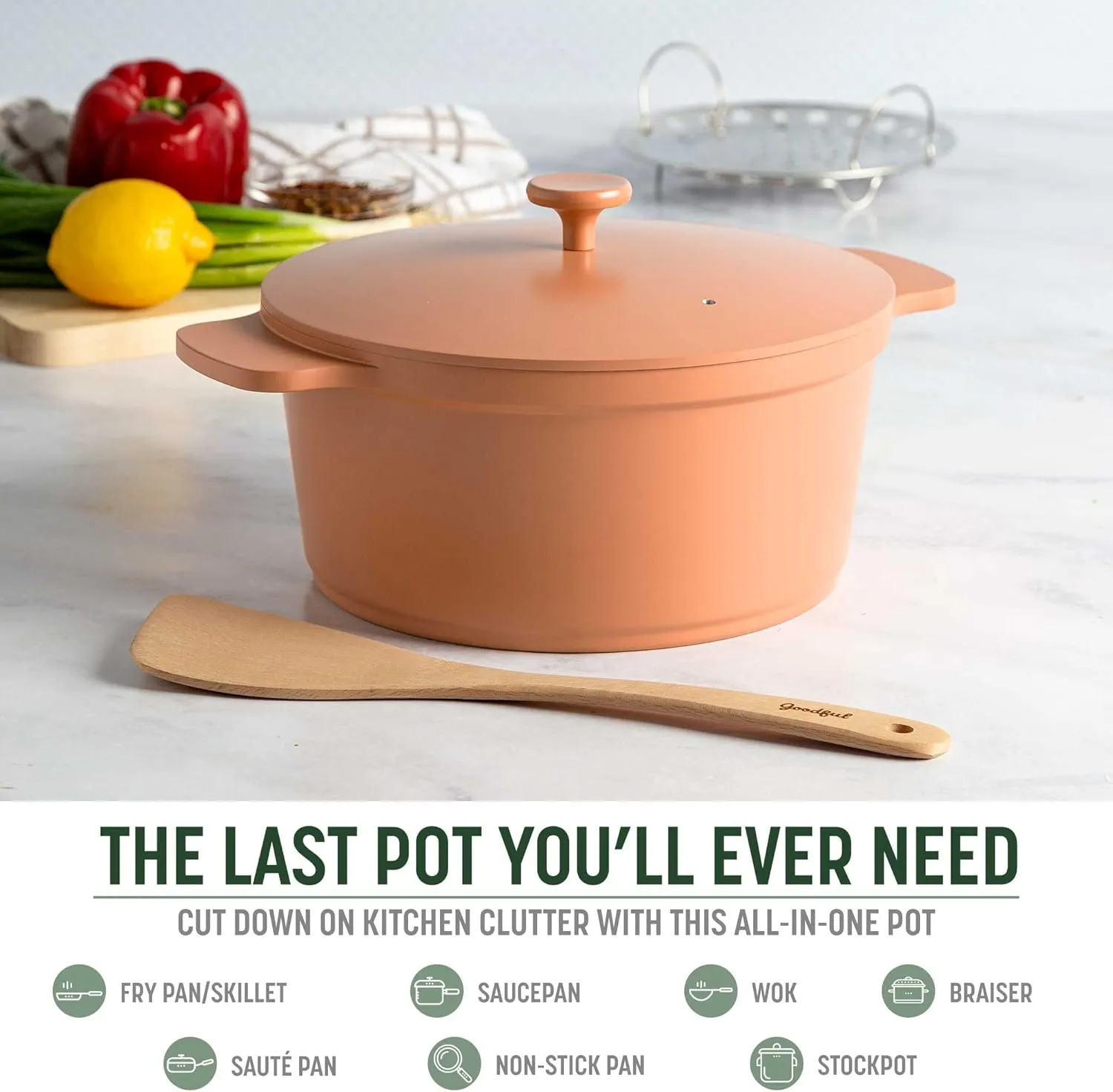 Goodful All-In-One Pot, Multilayer Nonstick, High Performance Cast Dutch Oven With Matching Lid, Roasting Rack And Turner, Made Without PFOA, Dishwasher Safe Cookware, 4.7-Quart, Terracotta