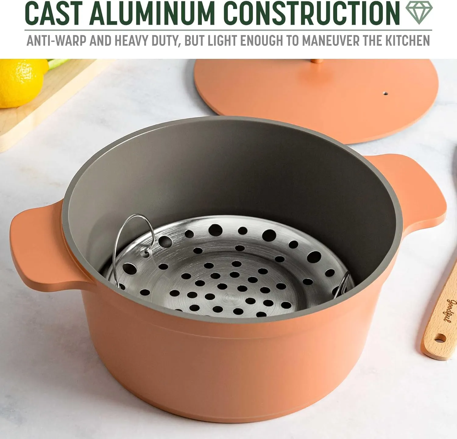 Goodful All-In-One Pot, Multilayer Nonstick, High Performance Cast Dutch Oven With Matching Lid, Roasting Rack And Turner, Made Without PFOA, Dishwasher Safe Cookware, 4.7-Quart, Terracotta