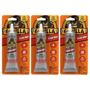 Gorilla Clear Grip Waterproof Contact Adhesive; Fast-Setting; Waterproof; Flexible; Permanent Bond; 3 Ounce Tube; Crystal Clear (Pack of 3)
