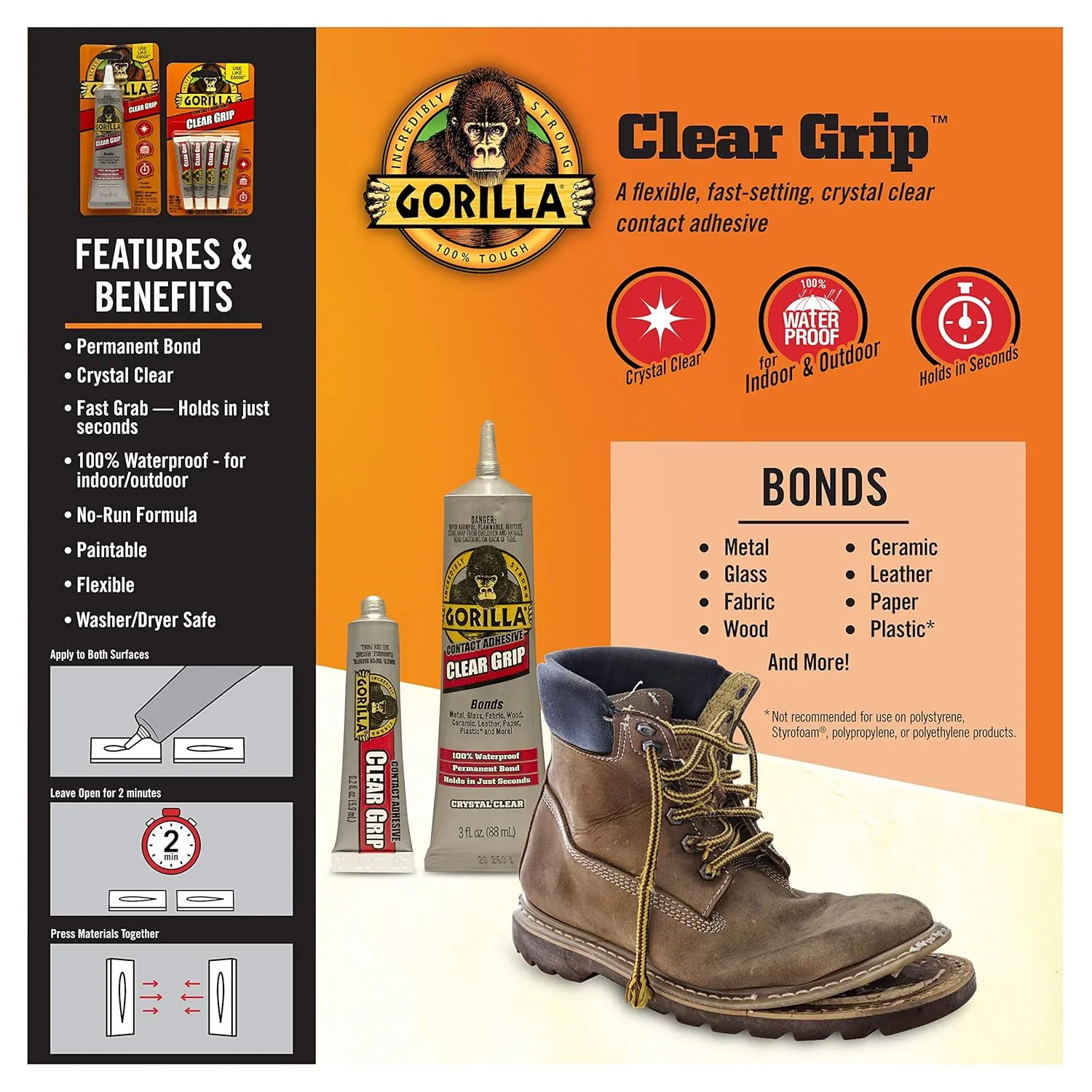 Gorilla Clear Grip Waterproof Contact Adhesive; Fast-Setting; Waterproof; Flexible; Permanent Bond; 3 Ounce Tube; Crystal Clear (Pack of 3)