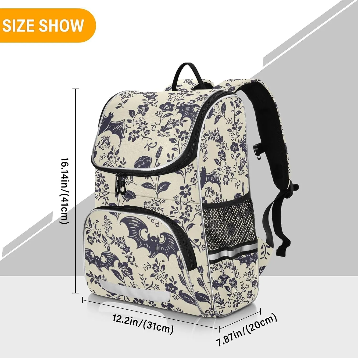 Goth Bat Flowers Backpack with Reflective Strip for Kids Boys Girls Elementary School Bag Removable Chest Strap