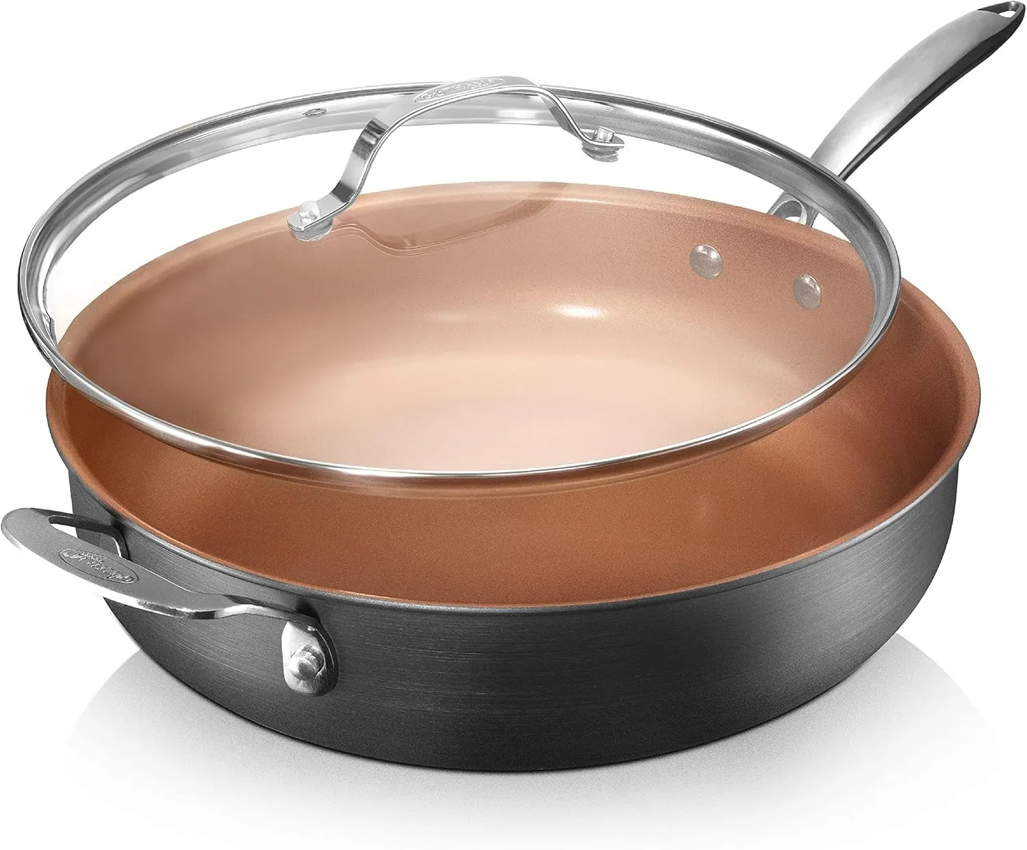 Gotham Steel Nonstick Deep Saute Pan with Lid – 5.5 Quart Large Ceramic Jumbo Cooker 12 Inch Frying Pan with Lid, Stay Cool Handle   Helper Handle, Oven & Dishwasher Safe, 100% PFOA Free