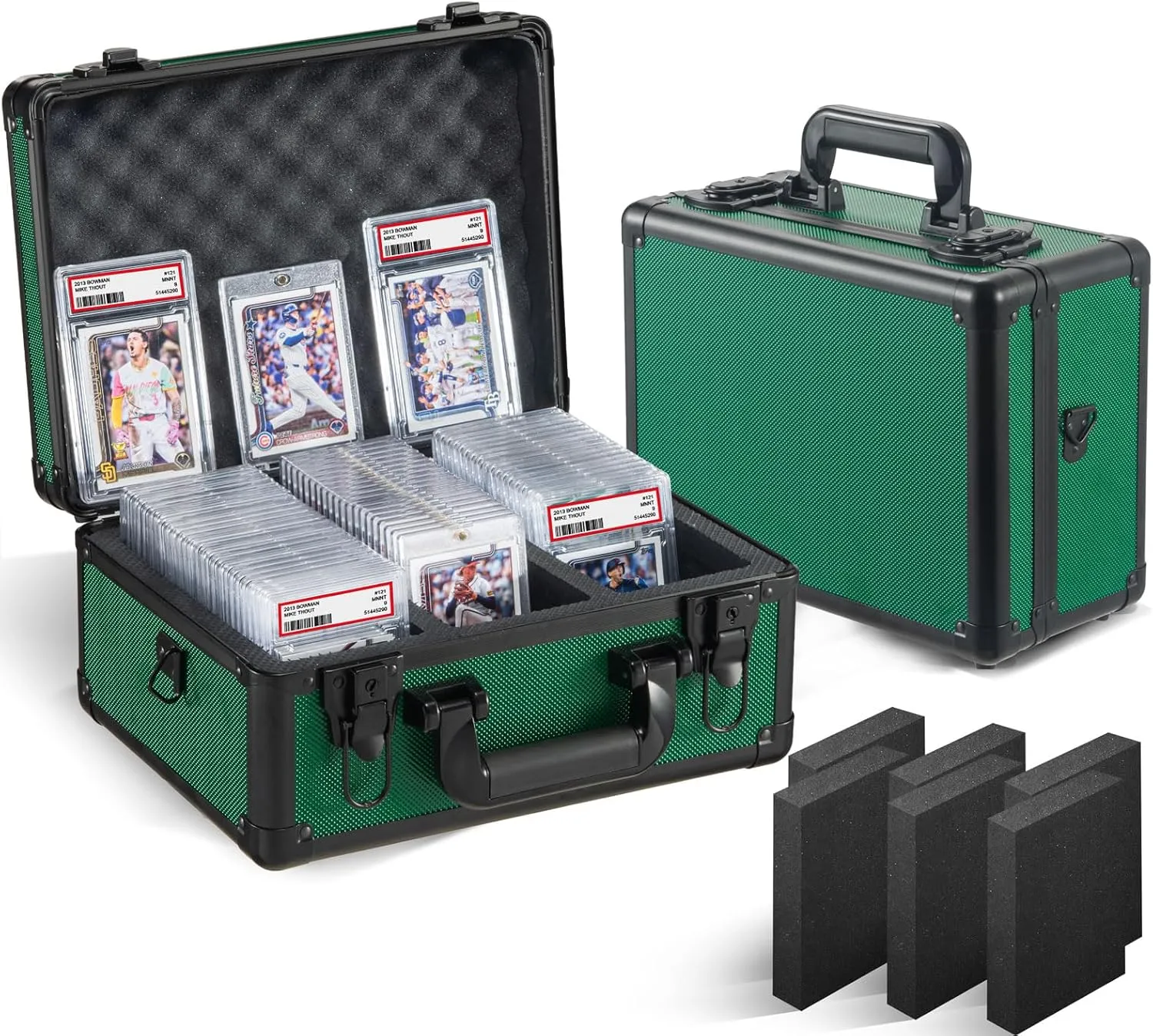 Graded Card Storage Box, Trading Cards Slab Carrying Case, 3 Row Green Hard Sports Cards Holder Boxes with 6 Dividers Fits for PSA BGS SGC Top Loaders Collection