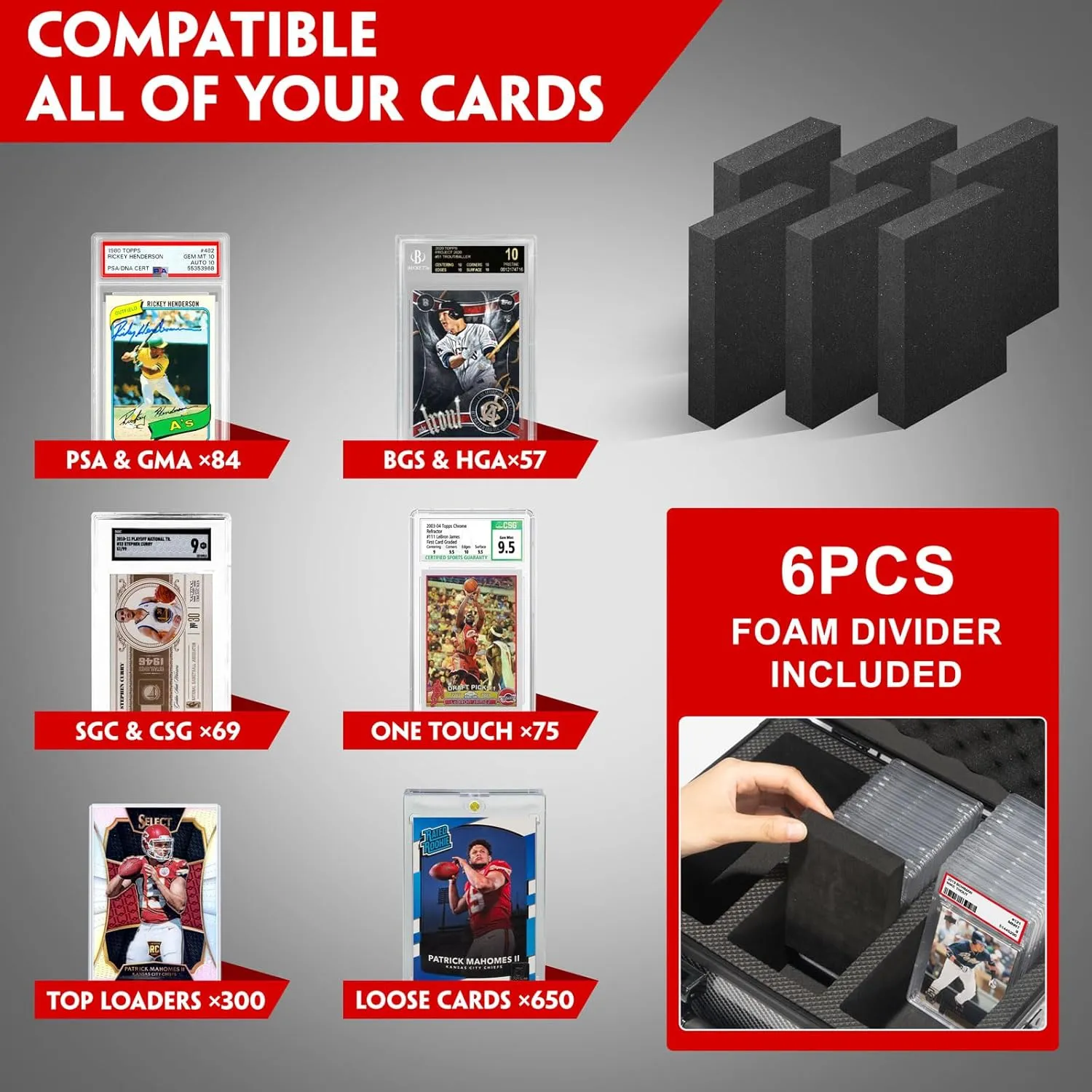 Graded Card Storage Box, Trading Cards Slab Carrying Case, 3 Row Green Hard Sports Cards Holder Boxes with 6 Dividers Fits for PSA BGS SGC Top Loaders Collection