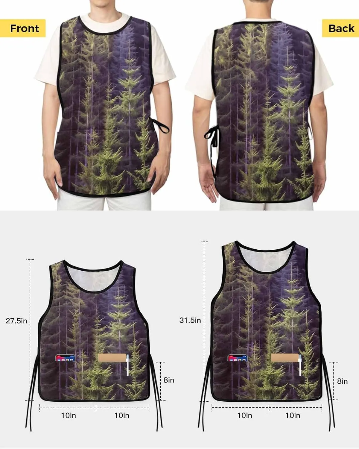 Green Forest Cobbler Apron with Pockets Smock Bib, Pine Trees Landscape Wilderness Spring Summer