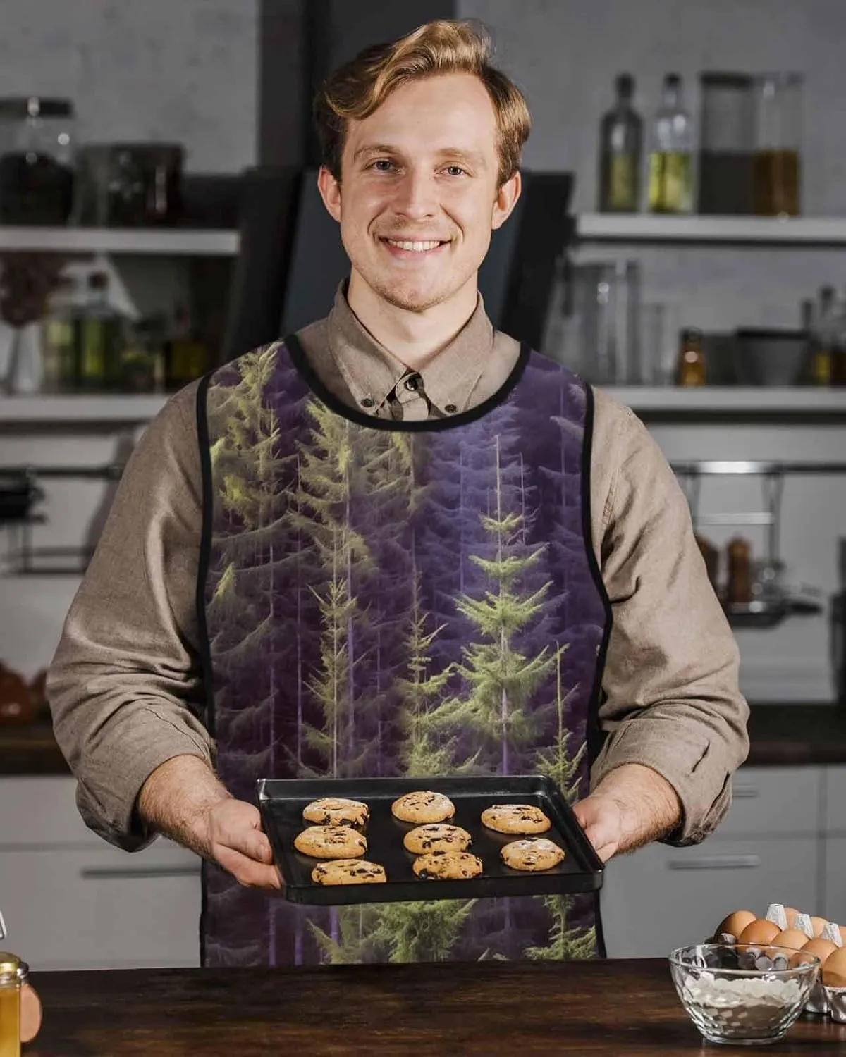 Green Forest Cobbler Apron with Pockets Smock Bib, Pine Trees Landscape Wilderness Spring Summer