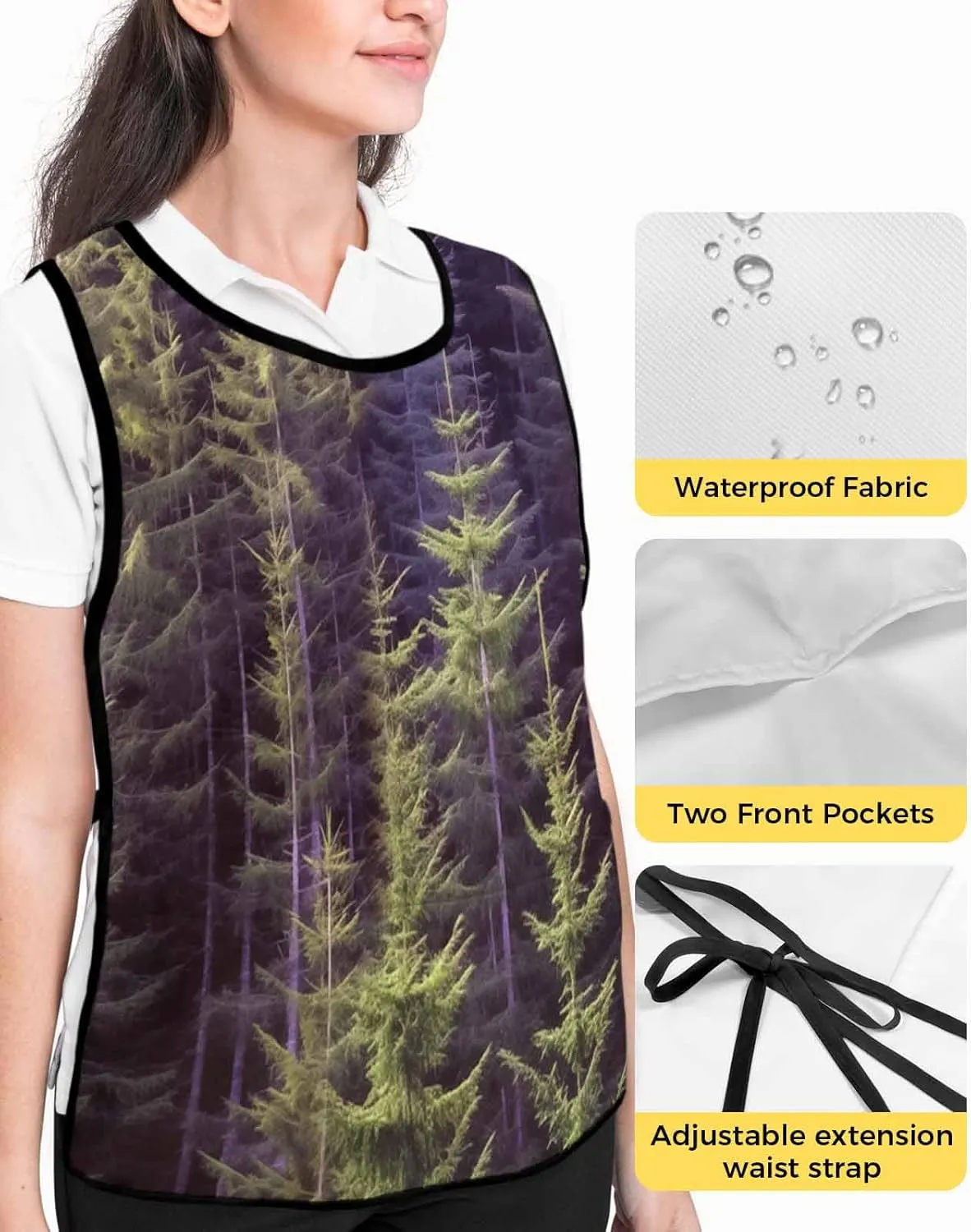 Green Forest Cobbler Apron with Pockets Smock Bib, Pine Trees Landscape Wilderness Spring Summer
