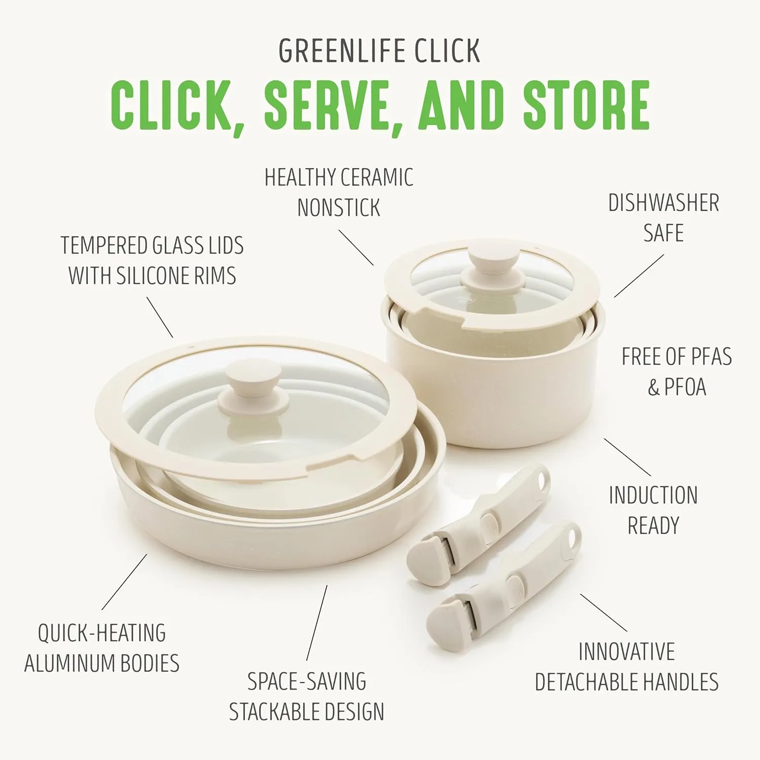 GreenLife 10 Piece Ceramic Pots and Pans Set, Nonstick Detachable & Stackable Cookware Set, Induction Kitchen Pans, Space Saving with Removable Handle, Oven Safe, Non Toxic PFAS-Free, Speckled Cream