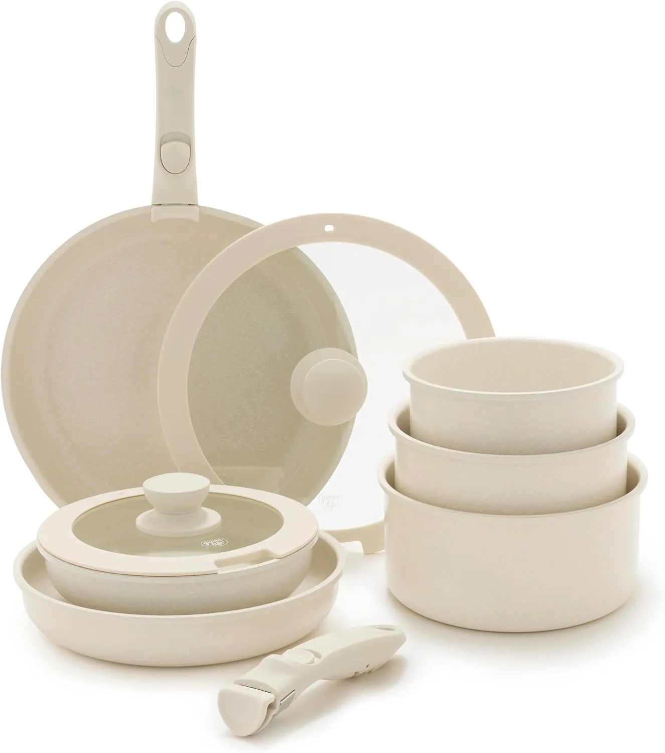 GreenLife 10 Piece Ceramic Pots and Pans Set, Nonstick Detachable & Stackable Cookware Set, Induction Kitchen Pans, Space Saving with Removable Handle, Oven Safe, Non Toxic PFAS-Free, Speckled Cream