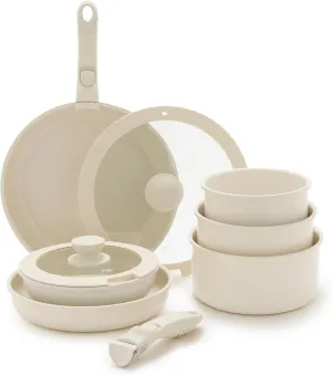 GreenLife 10 Piece Ceramic Pots and Pans Set, Nonstick Detachable & Stackable Cookware Set, Induction Kitchen Pans, Space Saving with Removable Handle, Oven Safe, Non Toxic PFAS-Free, Speckled Cream