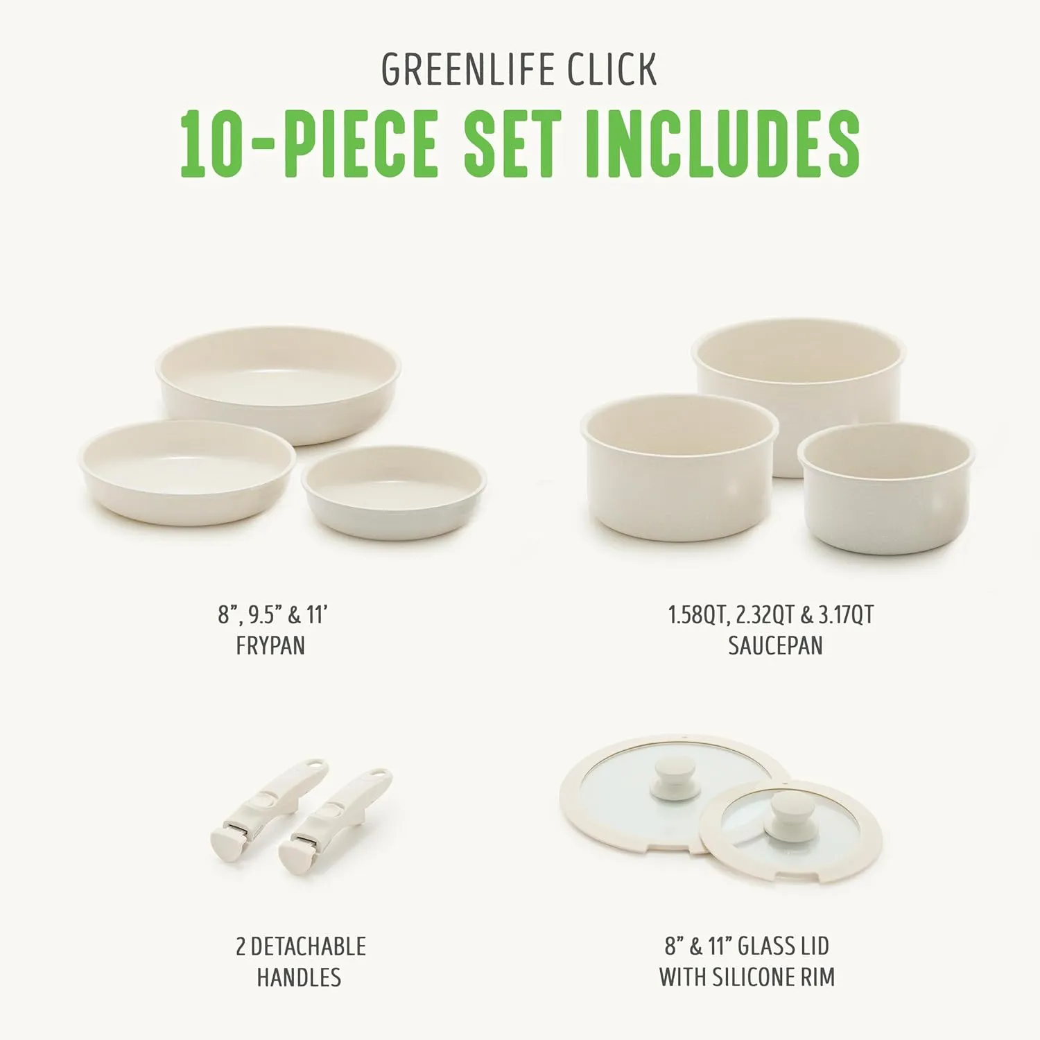 GreenLife 10 Piece Ceramic Pots and Pans Set, Nonstick Detachable & Stackable Cookware Set, Induction Kitchen Pans, Space Saving with Removable Handle, Oven Safe, Non Toxic PFAS-Free, Speckled Cream