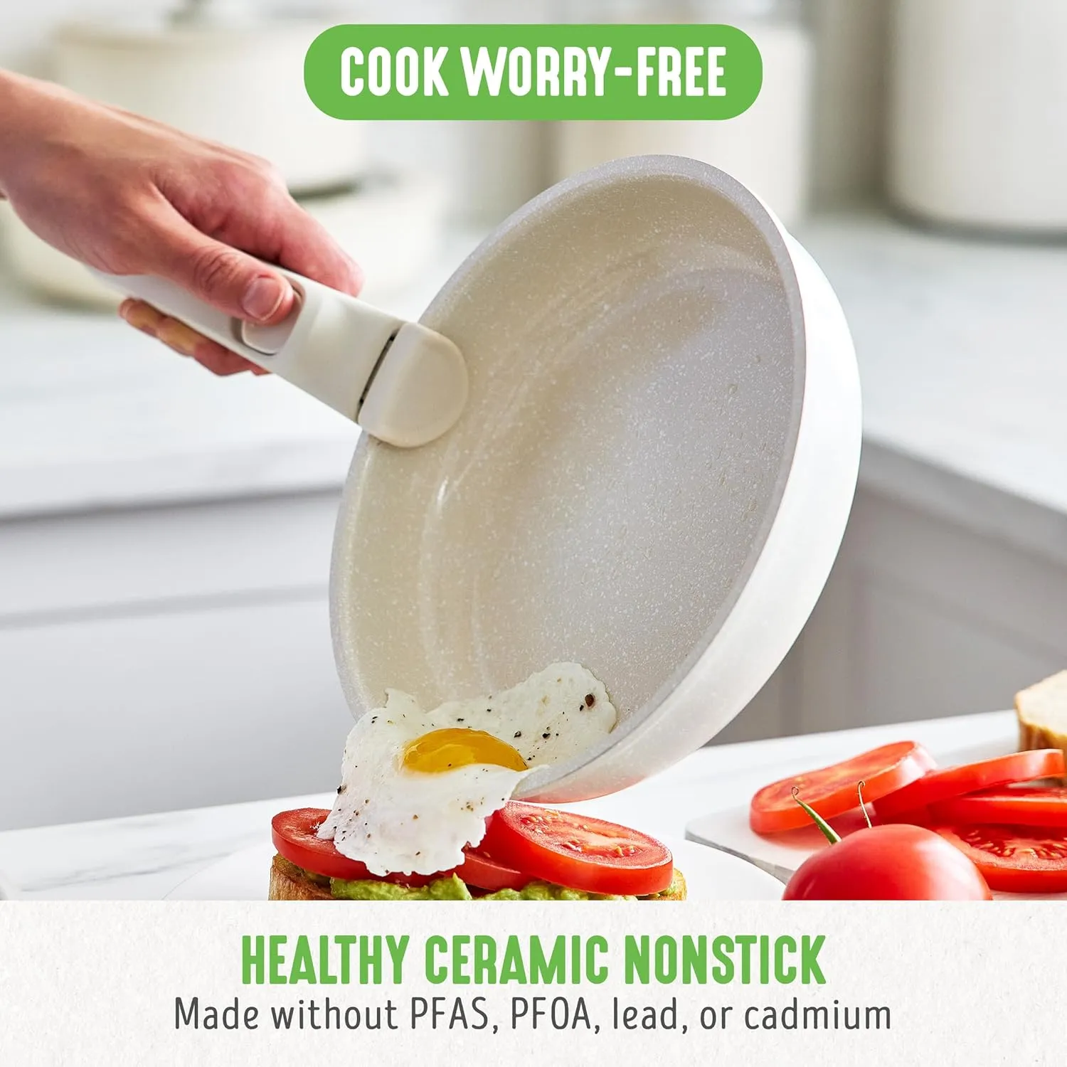 GreenLife 10 Piece Ceramic Pots and Pans Set, Nonstick Detachable & Stackable Cookware Set, Induction Kitchen Pans, Space Saving with Removable Handle, Oven Safe, Non Toxic PFAS-Free, Speckled Cream