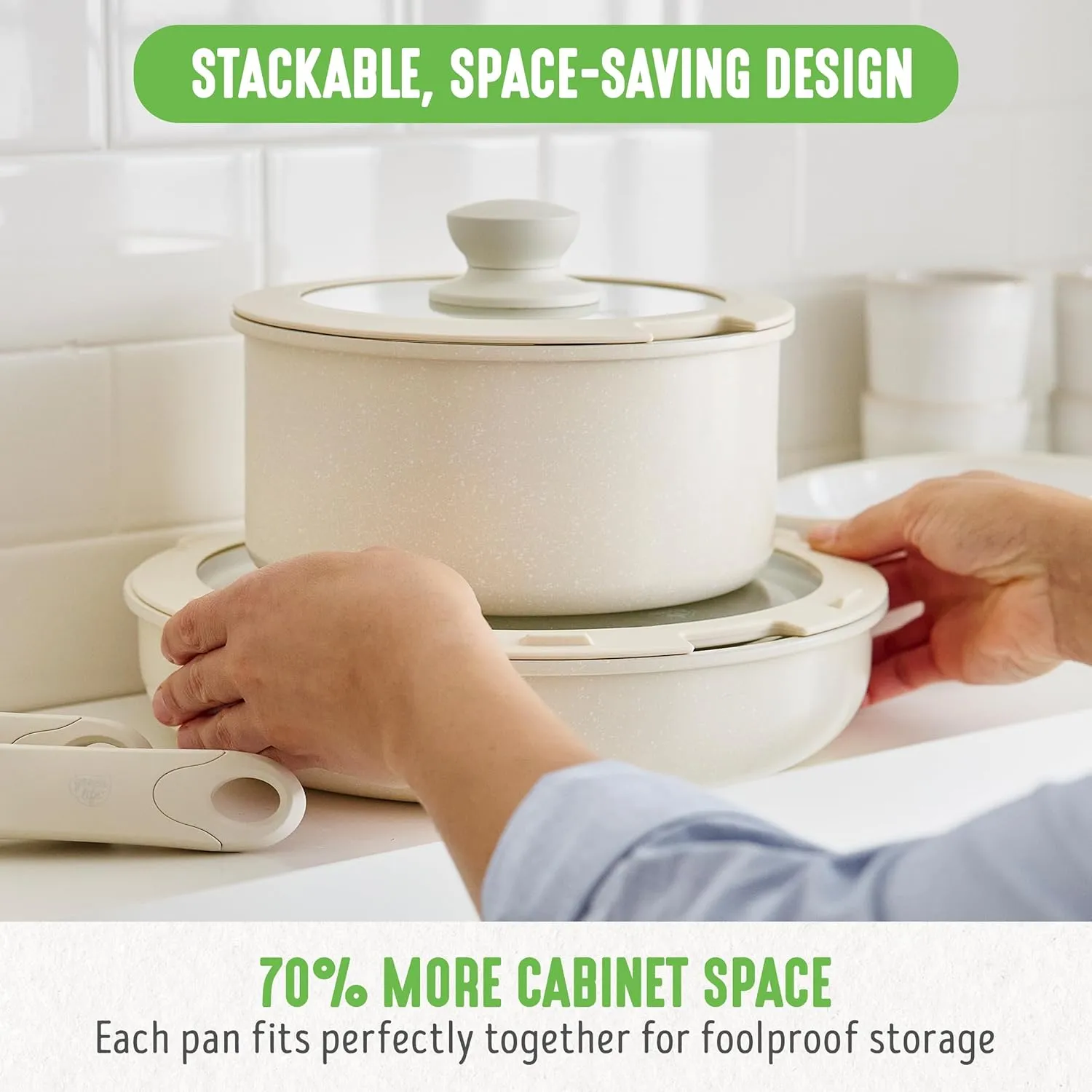 GreenLife 10 Piece Ceramic Pots and Pans Set, Nonstick Detachable & Stackable Cookware Set, Induction Kitchen Pans, Space Saving with Removable Handle, Oven Safe, Non Toxic PFAS-Free, Speckled Cream