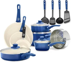 GreenLife Soft Grip Healthy Ceramic Nonstick, 16 pc Cookware Pots and Pans Set, PFAS-Free, Dishwasher Safe, Blue