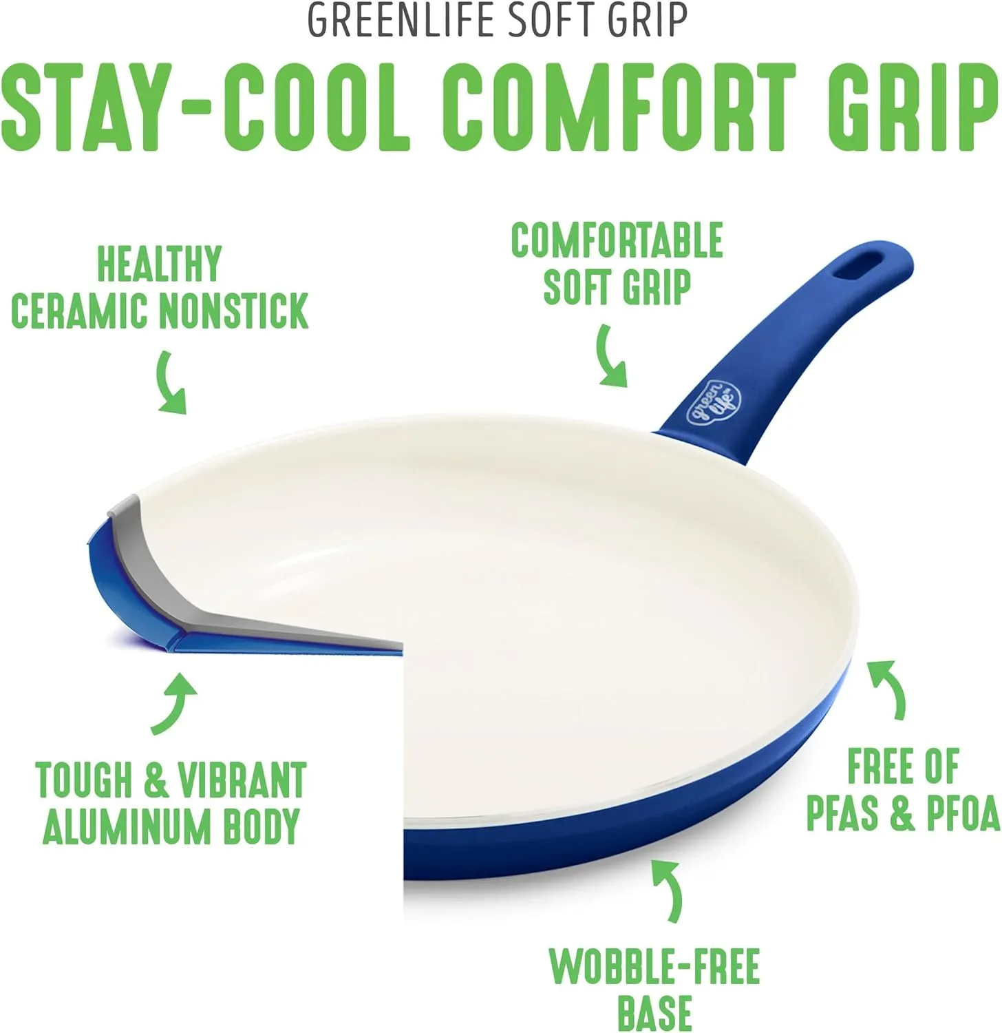 GreenLife Soft Grip Healthy Ceramic Nonstick, 16 pc Cookware Pots and Pans Set, PFAS-Free, Dishwasher Safe, Blue