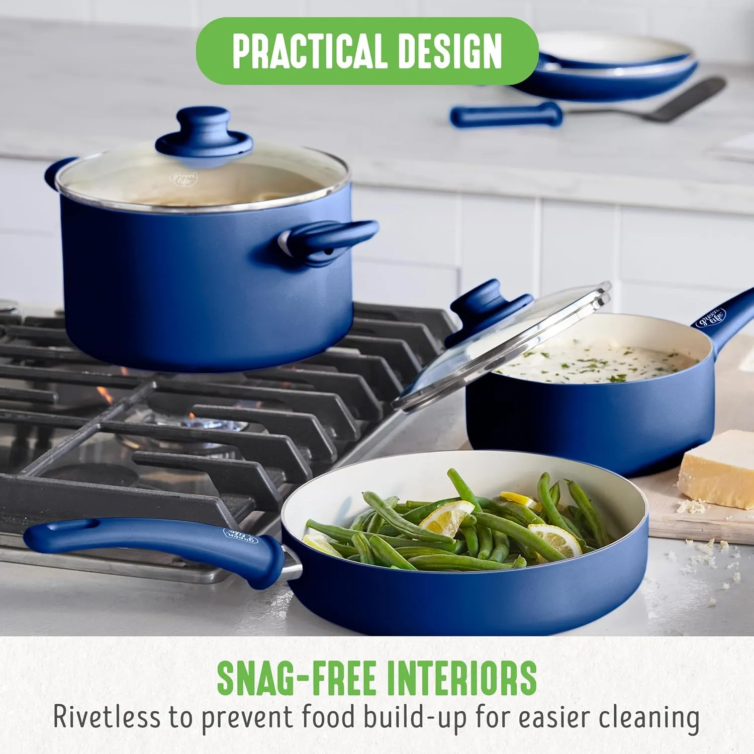 GreenLife Soft Grip Healthy Ceramic Nonstick, 16 pc Cookware Pots and Pans Set, PFAS-Free, Dishwasher Safe, Blue