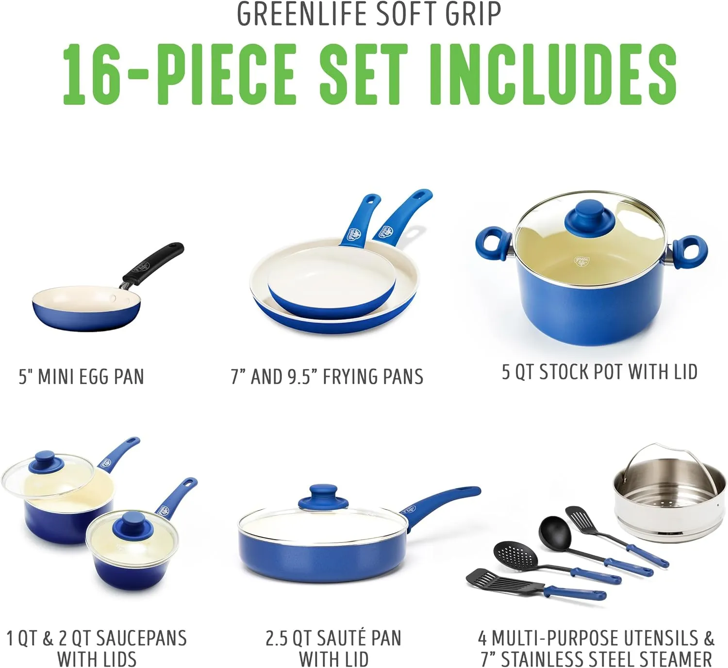 GreenLife Soft Grip Healthy Ceramic Nonstick, 16 pc Cookware Pots and Pans Set, PFAS-Free, Dishwasher Safe, Blue