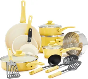 GreenLife Soft Grip Healthy Ceramic Nonstick, 16 pc Cookware Pots and Pans Set, PFAS-Free, Dishwasher Safe, Yellow