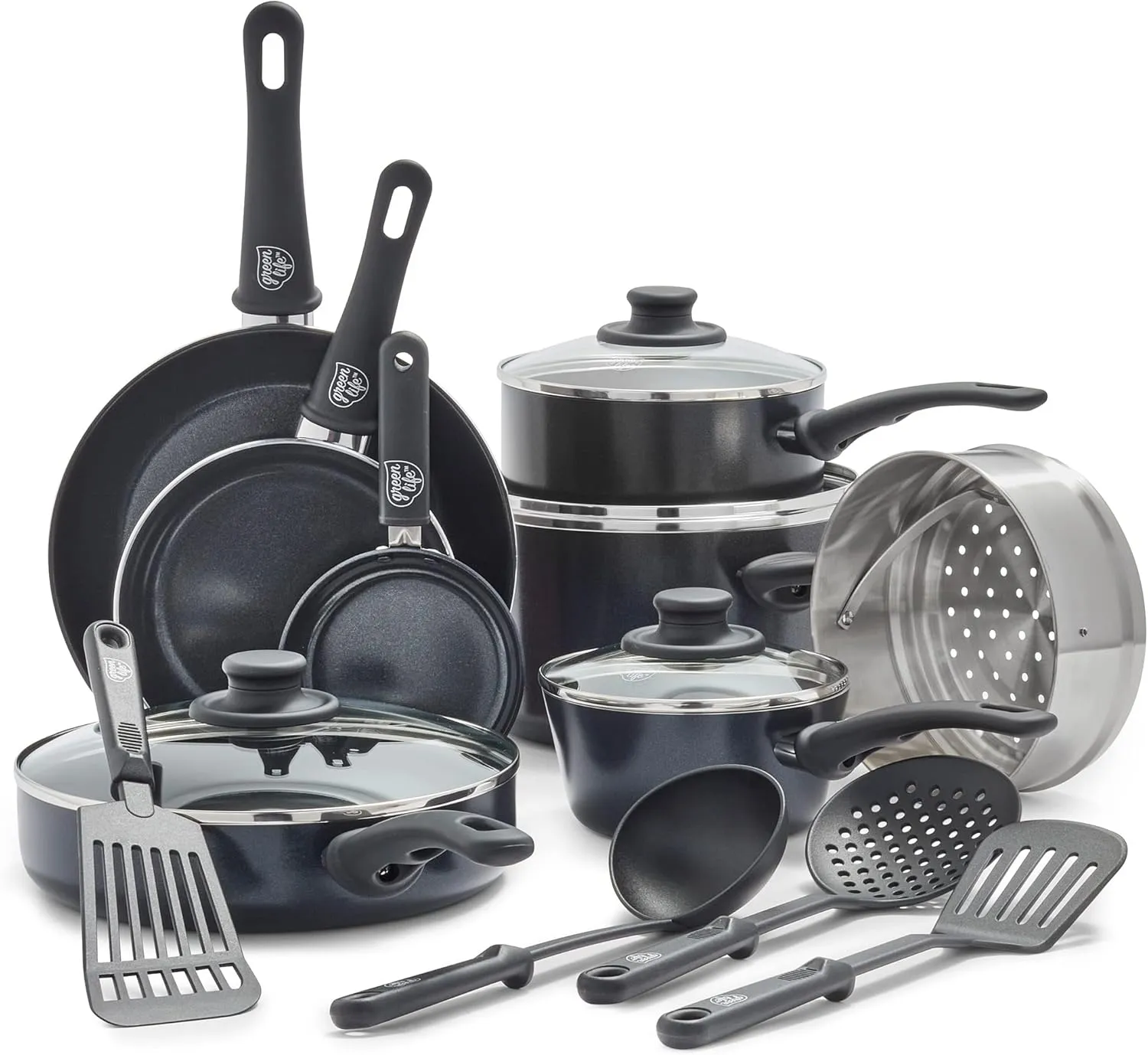 GreenLife Soft Grip Healthy Ceramic Nonstick, 16 pc Cookware Pots and Pans Set, PFAS-Free, Dishwasher Safe, Yellow