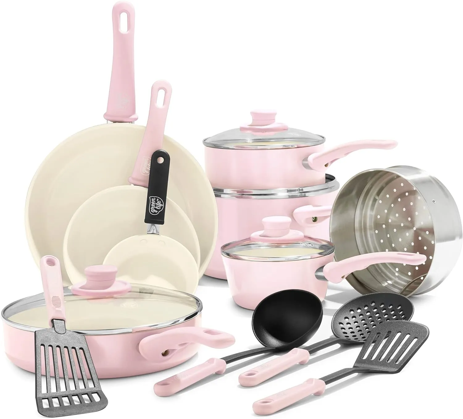 GreenLife Soft Grip Healthy Ceramic Nonstick, 16 pc Cookware Pots and Pans Set, PFAS-Free, Dishwasher Safe, Yellow