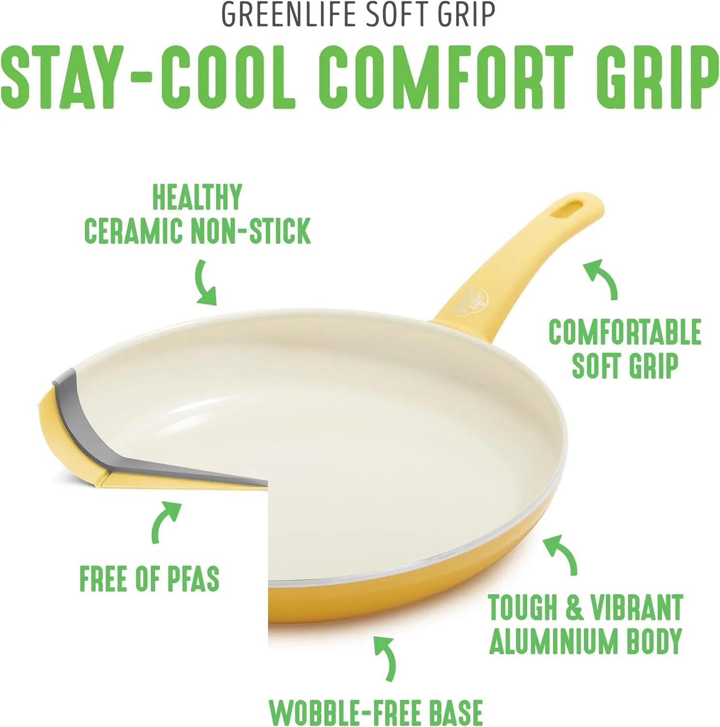 GreenLife Soft Grip Healthy Ceramic Nonstick, 16 pc Cookware Pots and Pans Set, PFAS-Free, Dishwasher Safe, Yellow