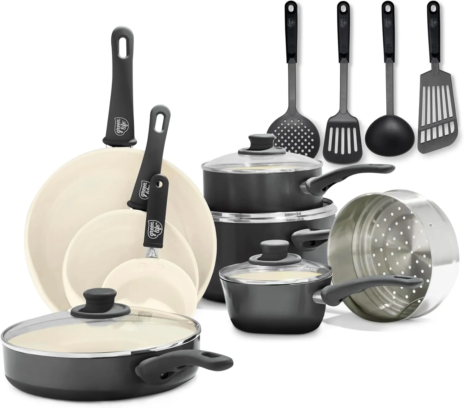 GreenLife Soft Grip Healthy Ceramic Nonstick, 16 pc Cookware Pots and Pans Set, PFAS-Free, Dishwasher Safe, Yellow