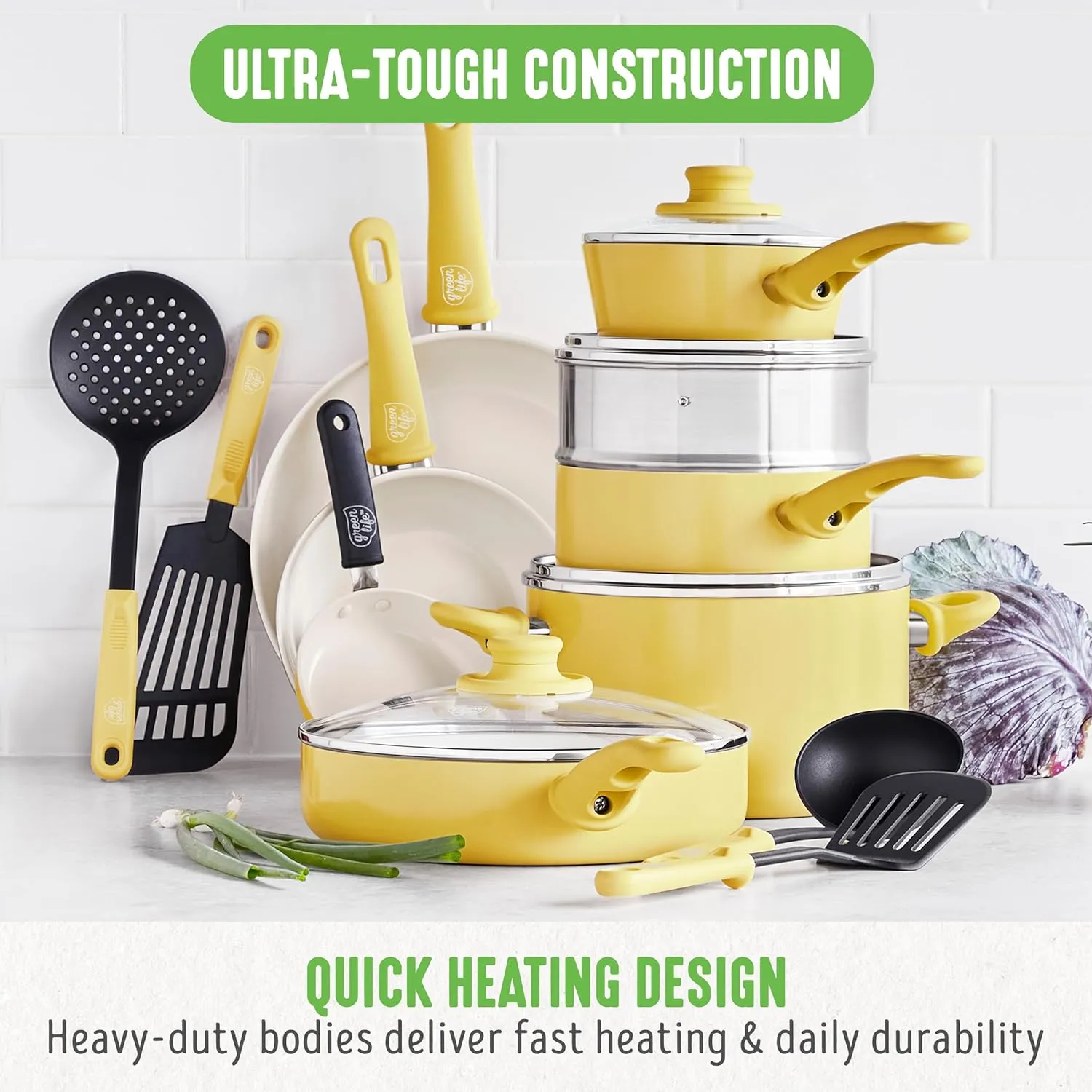 GreenLife Soft Grip Healthy Ceramic Nonstick, 16 pc Cookware Pots and Pans Set, PFAS-Free, Dishwasher Safe, Yellow