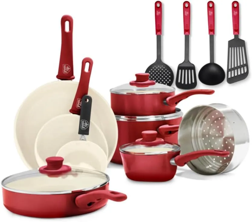 GreenLife Soft Grip Healthy Ceramic Nonstick, 16 pc Cookware Pots and Pans Set, PFAS-Free, Dishwasher Safe, Yellow