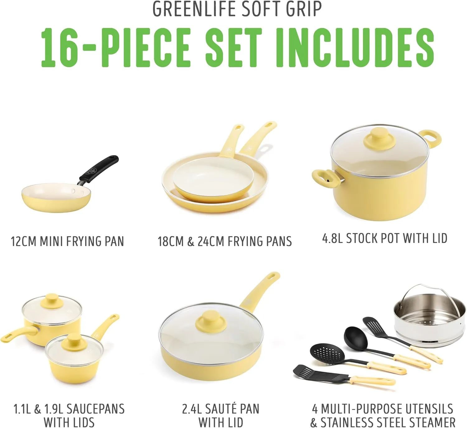 GreenLife Soft Grip Healthy Ceramic Nonstick, 16 pc Cookware Pots and Pans Set, PFAS-Free, Dishwasher Safe, Yellow