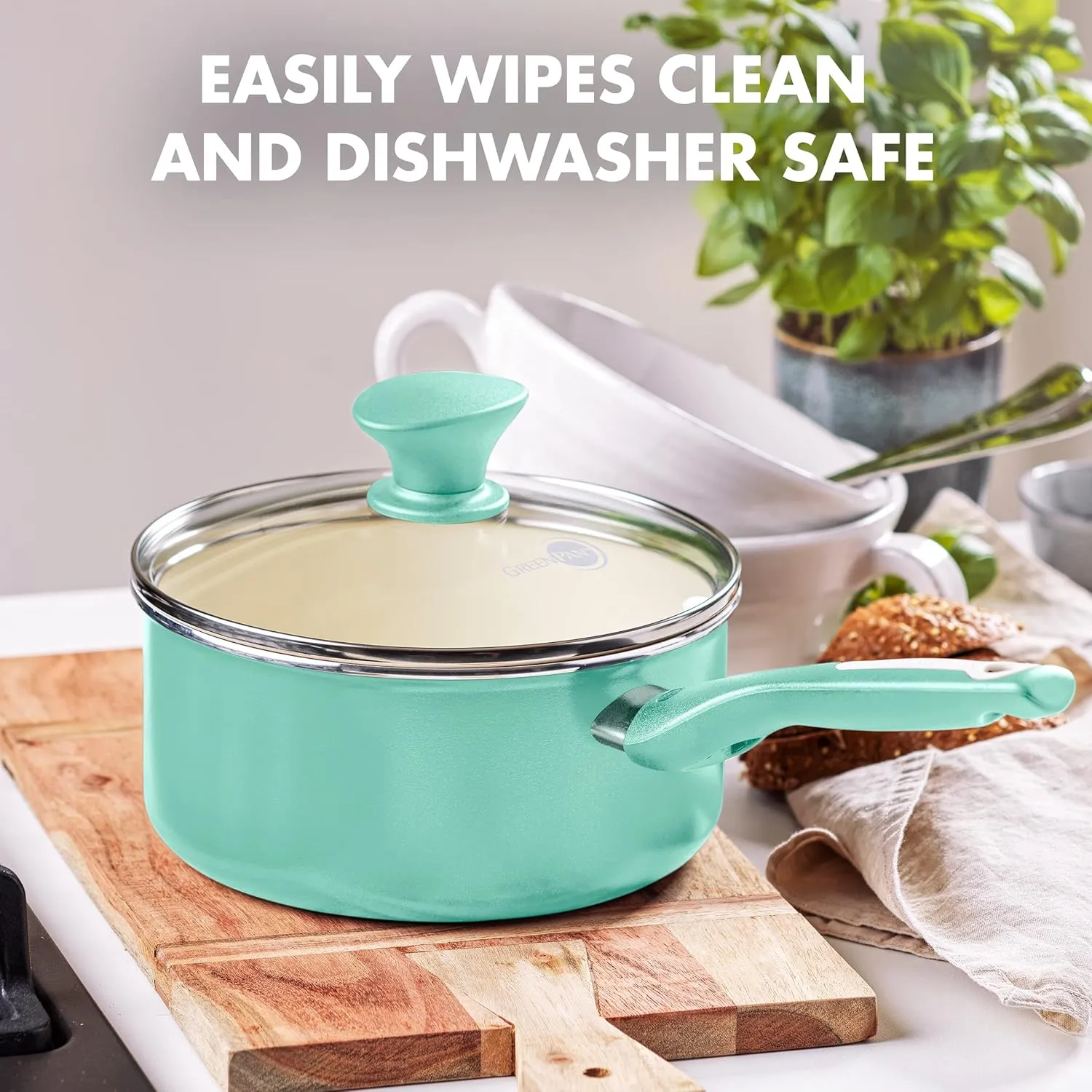 GreenPan Rio Healthy Ceramic Nonstick 2QT Saucepan with Lid, PFAS-Free, Dishwasher Safe, Turquoise