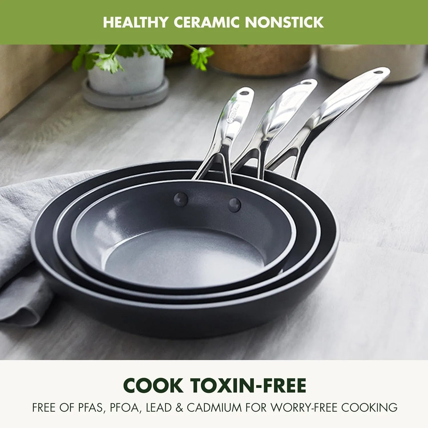 GreenPan Valencia Pro Hard Anodized 3 Piece Fry Pan Skillet Set, Ceramic Nonstick 8" 9.5" and 11" Induction Suitable Frying Pans, PFAS-Free Cookware, Dishwasher Safe, Oven and Broiler Safe, Gray