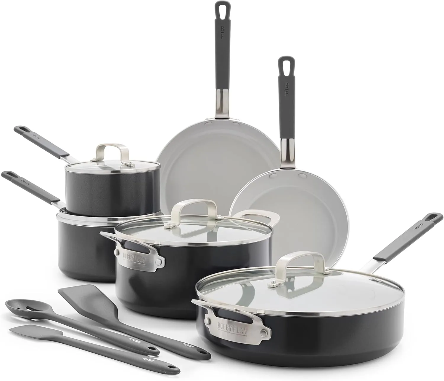 GreenPan x Bobby Flay 13 Piece Cookware Pots and Pans Set, Professional Grade Aluminum, PFAS-Free Ceramic Nonstick, Induction Suitable, Stay-Cool Silicone Handle, Dishwasher & Oven Safe, Graphite