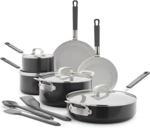 GreenPan x Bobby Flay 13 Piece Cookware Pots and Pans Set, Professional Grade Aluminum, PFAS-Free Ceramic Nonstick, Induction Suitable, Stay-Cool Silicone Handle, Dishwasher & Oven Safe, Graphite