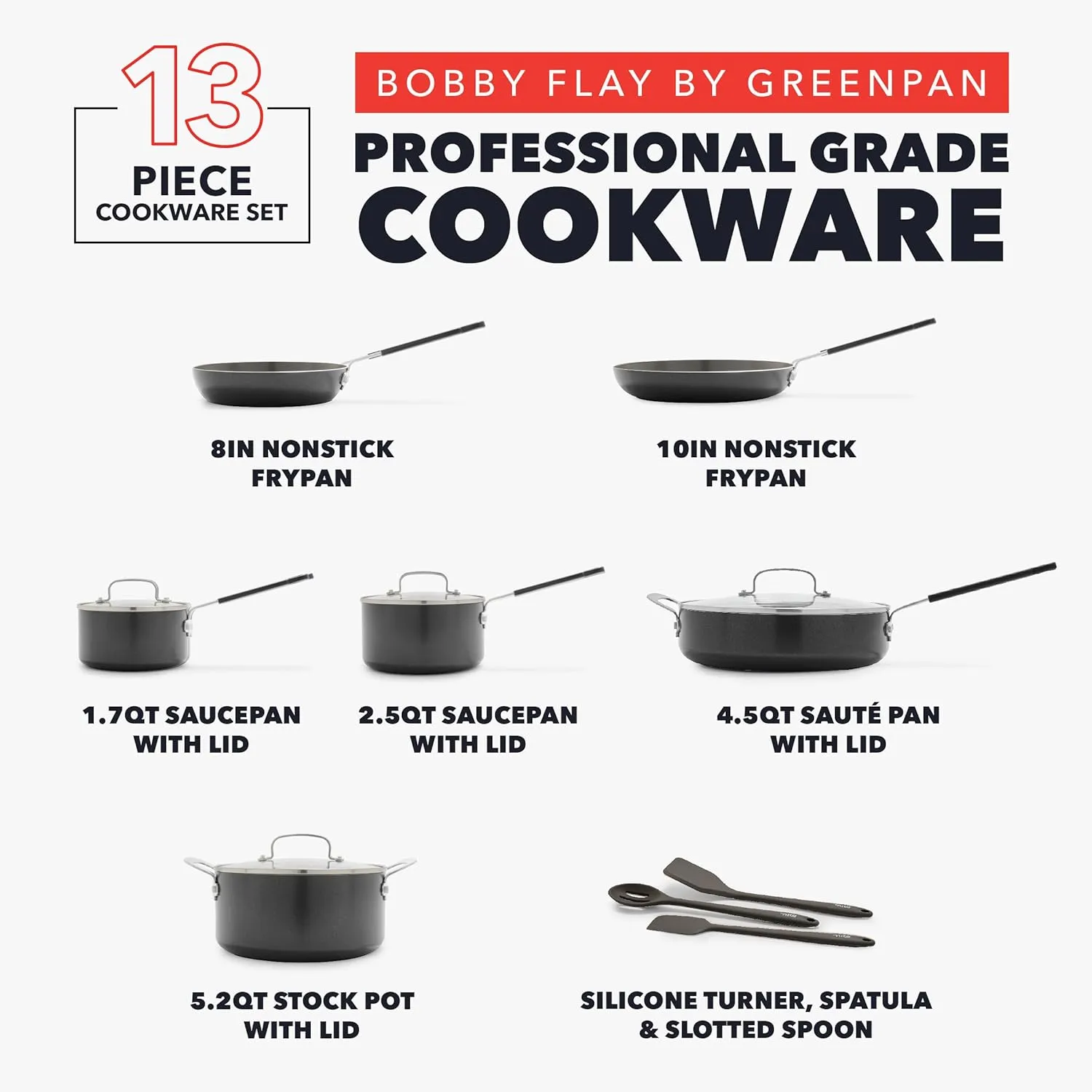 GreenPan x Bobby Flay 13 Piece Cookware Pots and Pans Set, Professional Grade Aluminum, PFAS-Free Ceramic Nonstick, Induction Suitable, Stay-Cool Silicone Handle, Dishwasher & Oven Safe, Graphite