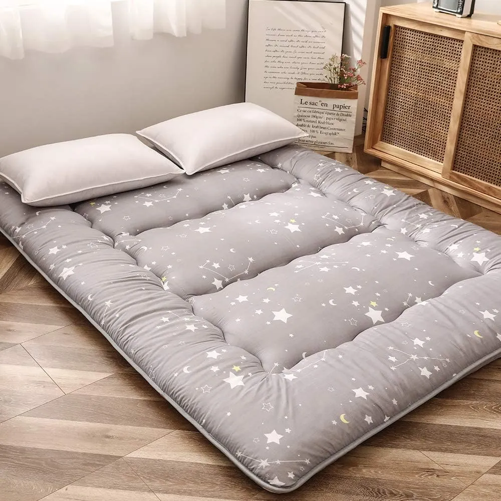 Grey Constellation Japanese Floor Futon Mattress, Tatami Floor Mat Portable Camping Mattress Kids Sleeping Pad Foldable Roll Up Floor Lounger Couch Bed with Mattress Protector Full Size