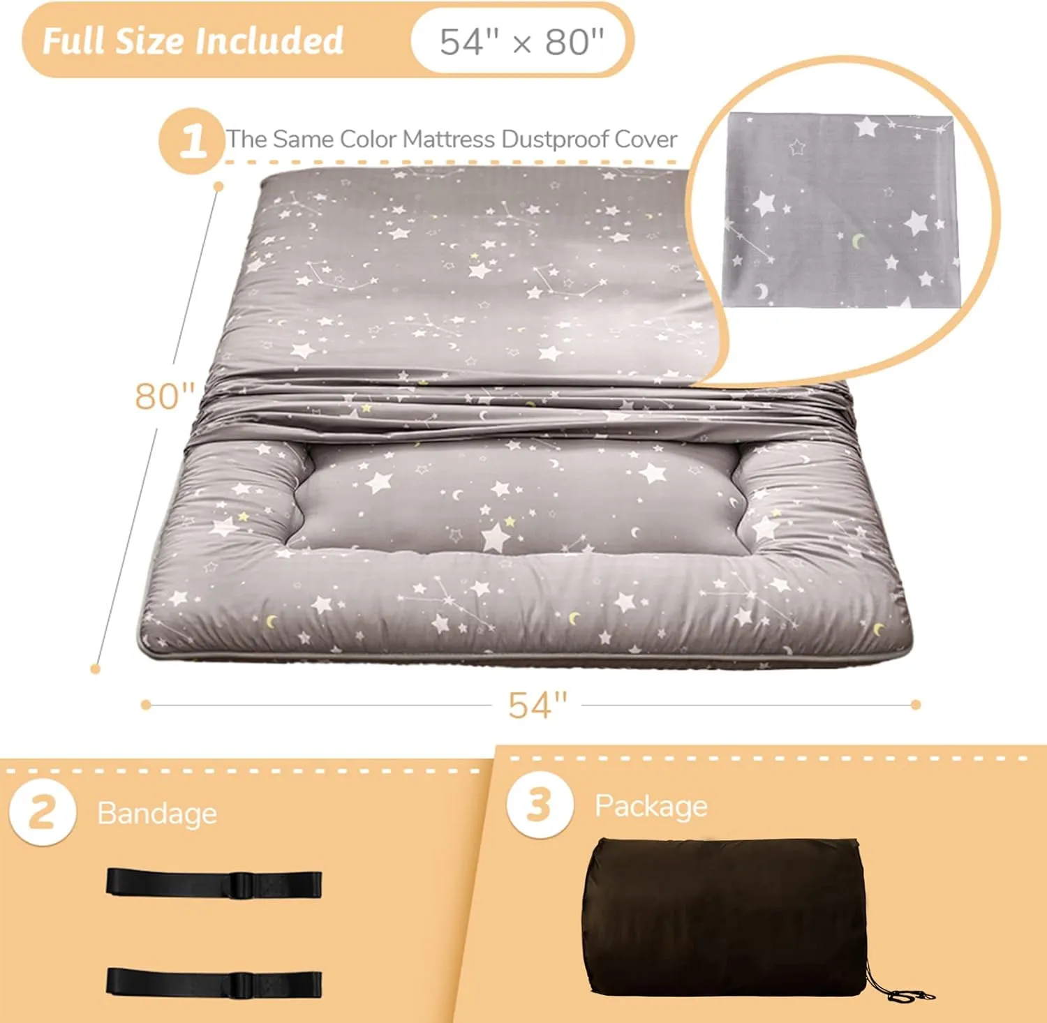 Grey Constellation Japanese Floor Futon Mattress, Tatami Floor Mat Portable Camping Mattress Kids Sleeping Pad Foldable Roll Up Floor Lounger Couch Bed with Mattress Protector Full Size