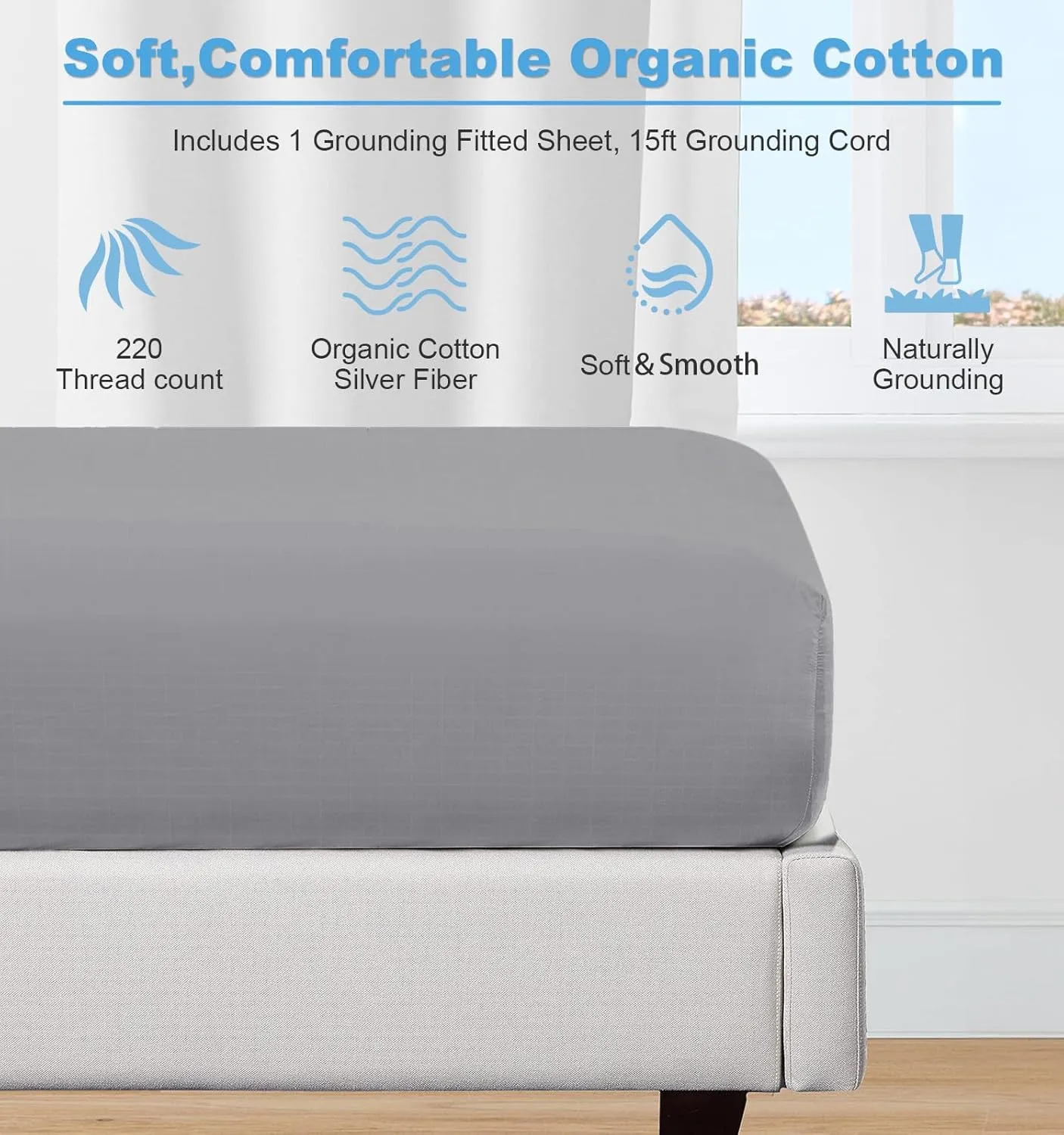 Grounding Fitted Sheet Kit, Grounding Sheets with Deep Pocket, Organic Cotton&Silver Fiber, Conductivity Bed Cover for Sleeping, Earth Connected Bedding (Twin)