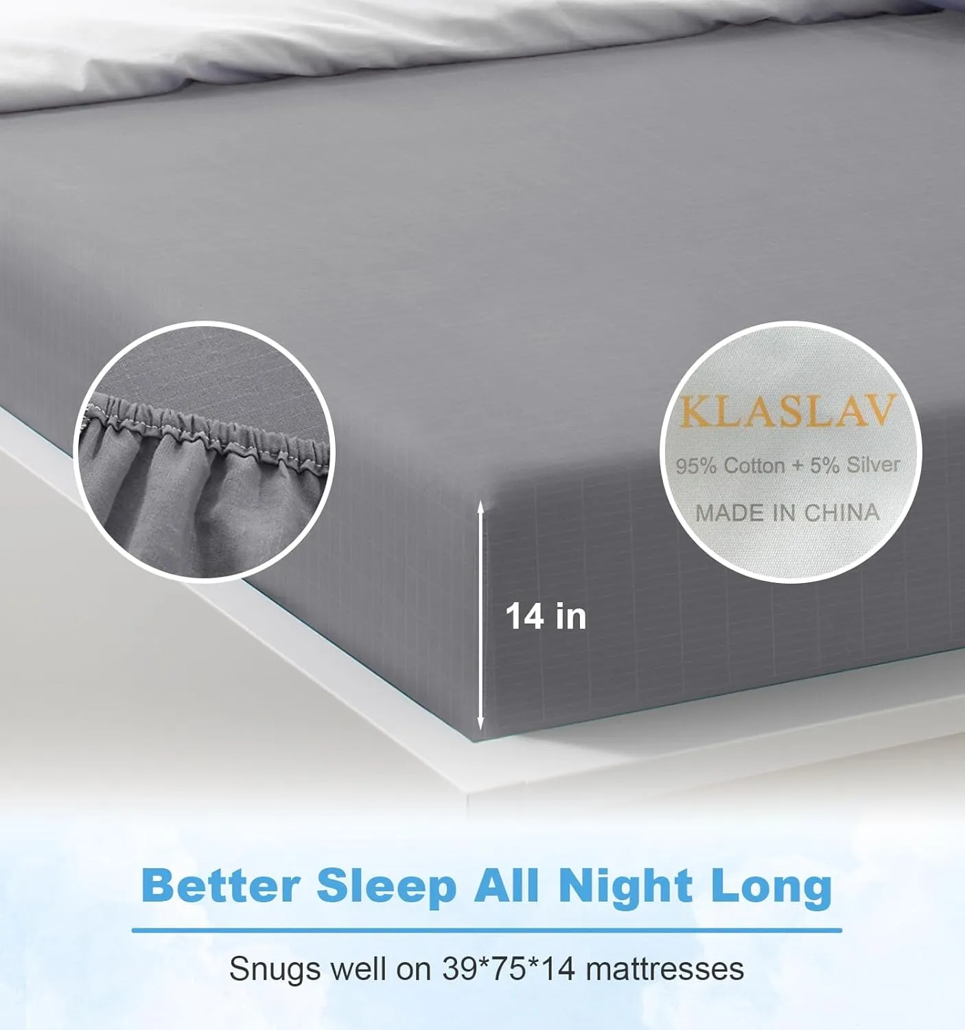 Grounding Fitted Sheet Kit, Grounding Sheets with Deep Pocket, Organic Cotton&Silver Fiber, Conductivity Bed Cover for Sleeping, Earth Connected Bedding (Twin)