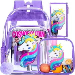 gxtvo Clear Backpack for Girls and Boys, Kids Transparent Bookbag, 3PCS Cute See Through School Bag for Elementary Prechool