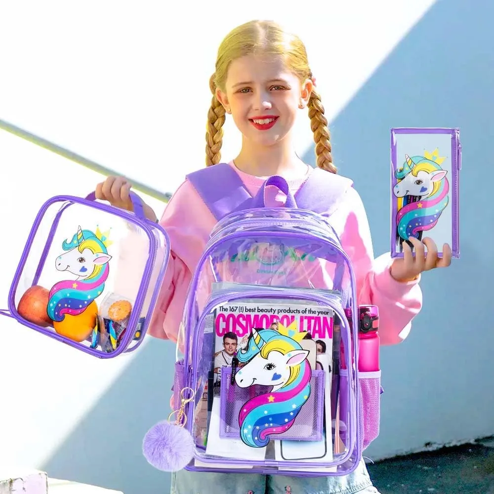 gxtvo Clear Backpack for Girls and Boys, Kids Transparent Bookbag, 3PCS Cute See Through School Bag for Elementary Prechool