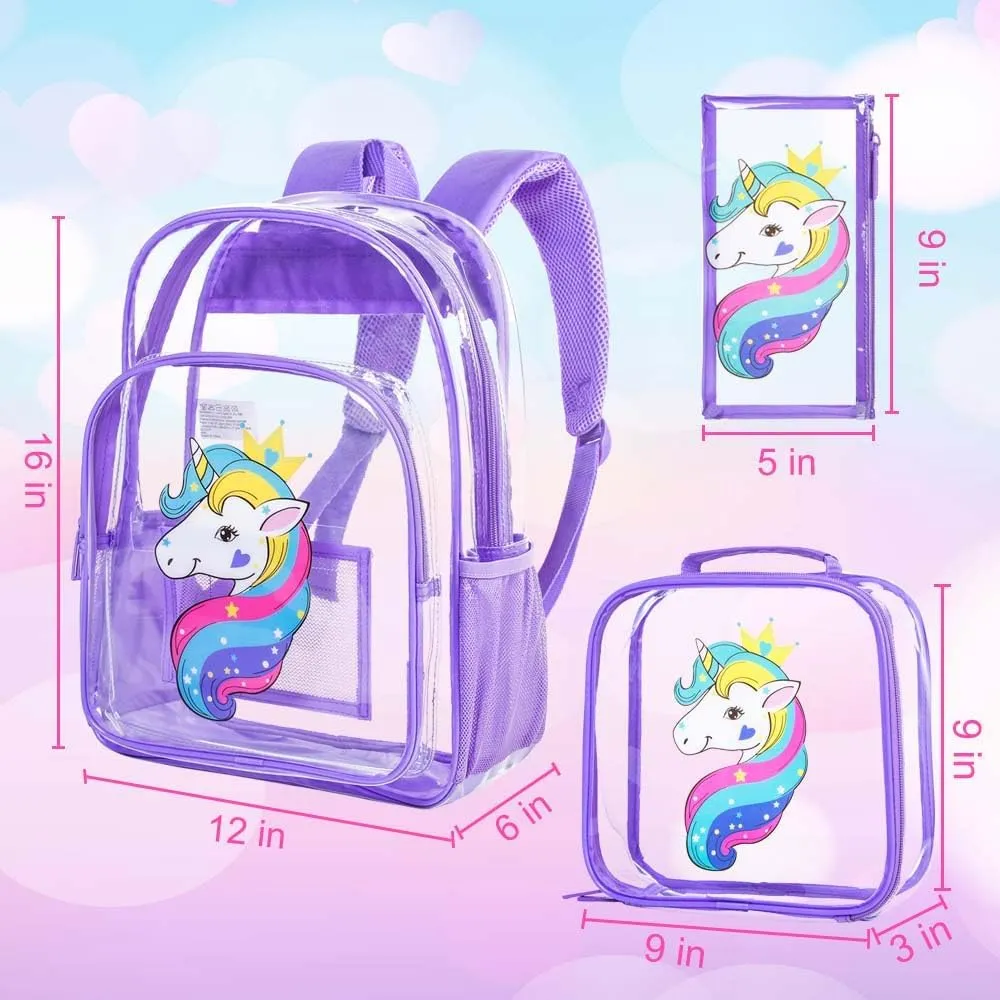 gxtvo Clear Backpack for Girls and Boys, Kids Transparent Bookbag, 3PCS Cute See Through School Bag for Elementary Prechool