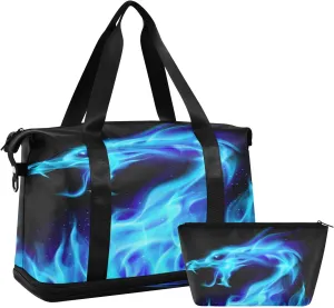 Gym Bag Blue Dragon Fire Travel Duffel Bag - Sports Gym Bag with Dry Wet Pocket Cosmetic bag & Shoes Compartment for Women and Men